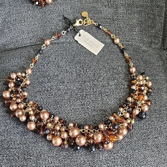 Talbots Gold and Brown Beaded Necklace and Bracelet Set - Vintage NWT - Picture 3 of 12